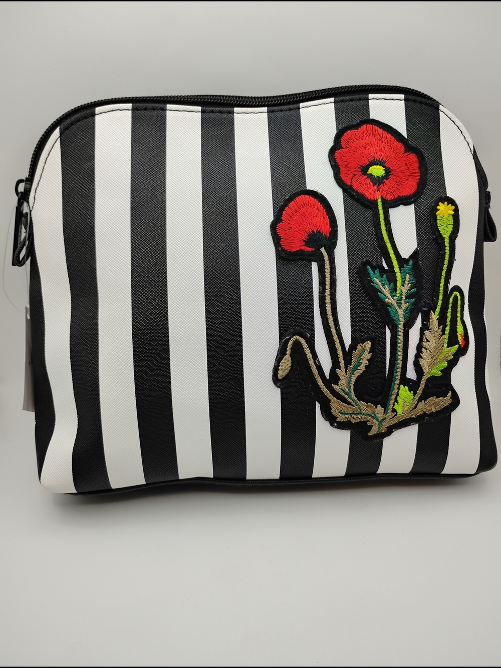 Nordstrom Black & White Striped Cosmetic Bag with Red Floral Patch Brand New - Picture 2 of 6